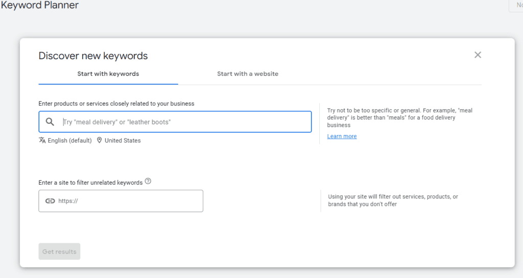 Screenshot of keyword planner